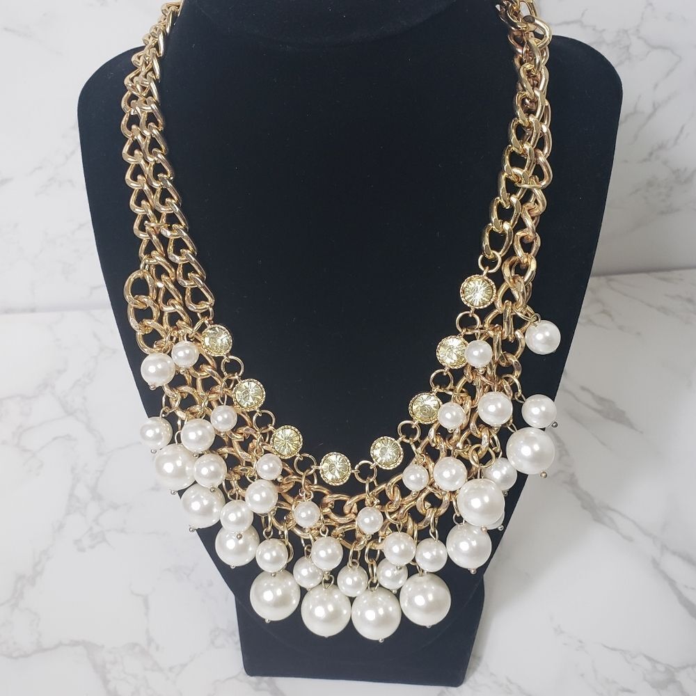 Chunky Multi-Strand Faux Pearl Statement Necklace